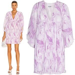 Ganni Orchid Bloom Pleated Georgette Oversized Mini Dress Designer XXS / XS